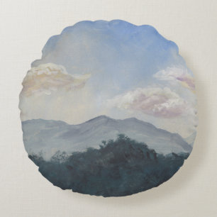 Coussins Ronds Montagnes Bleues Gouache : Scène Nature Vibrante