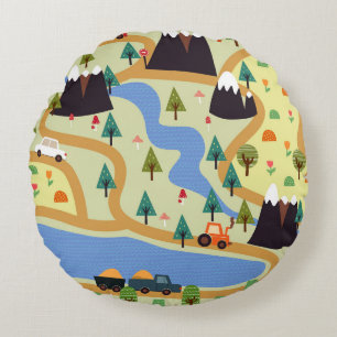 Coussins Ronds Montagnes, rivières, forêt, motif automobile.