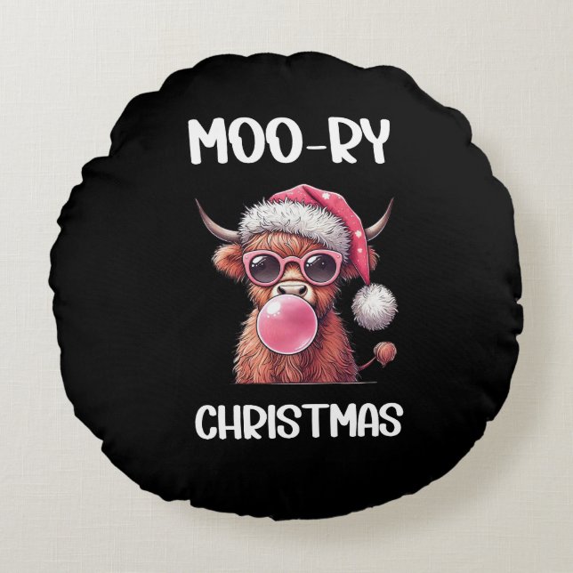 Coussins Ronds Moo-ry Christmas Scottish Higland Cow (Devant)
