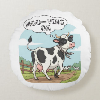 Coussins Ronds "Moo-ving On" Cow - Funny & Stylish Farm Humor!