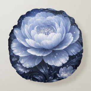 Coussins Ronds Moonlit Bloom – Art mural floral bleu lumineux