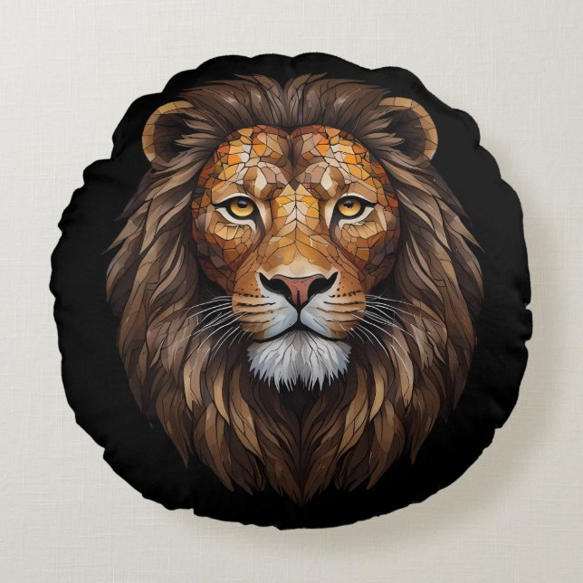 Coussins Ronds Mosaic Lion Portrait vitrail designer effet (Devant)