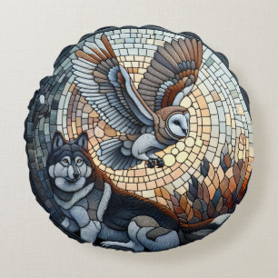 Coussins Ronds Mosaïque de hibou et de loup, art IA de la nature 