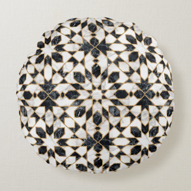 Coussins Ronds Mosaïque marocaine noire et Marbre blanc (Devant)