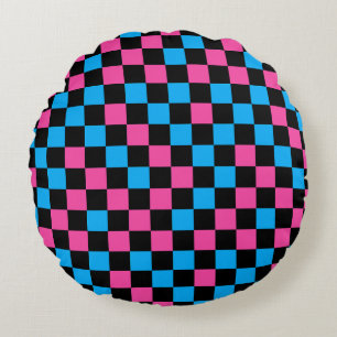 Coussins Ronds Motif à carreaux bleu rose et noir