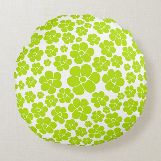 Coussins Ronds Motif à fleurs en vert et blanc citron (Devant)