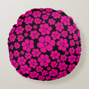 Coussins Ronds Motif à fleurs - Oreiller à lancer Magenta et Noir