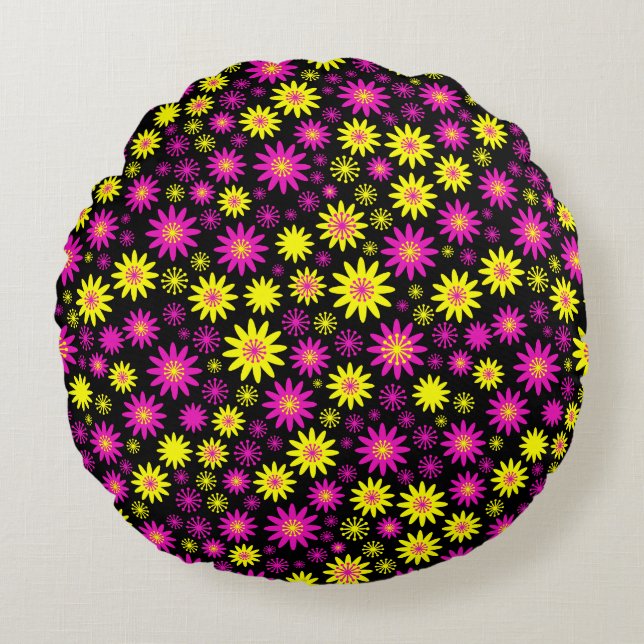 Coussins Ronds Motif à fleurs - Rose chaud, Jaune et Noir (Devant)