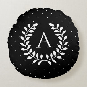 Coussins Ronds Motif à pois monogramme laurier noir et blanc