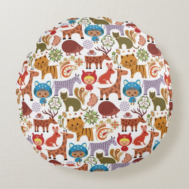 Coussins Ronds Motif abstrait d'enfant et d'animaux (Devant)