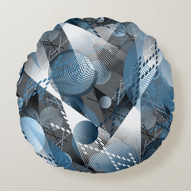 Coussins Ronds Motif abstrait gris, bleu, blanc. (Devant)
