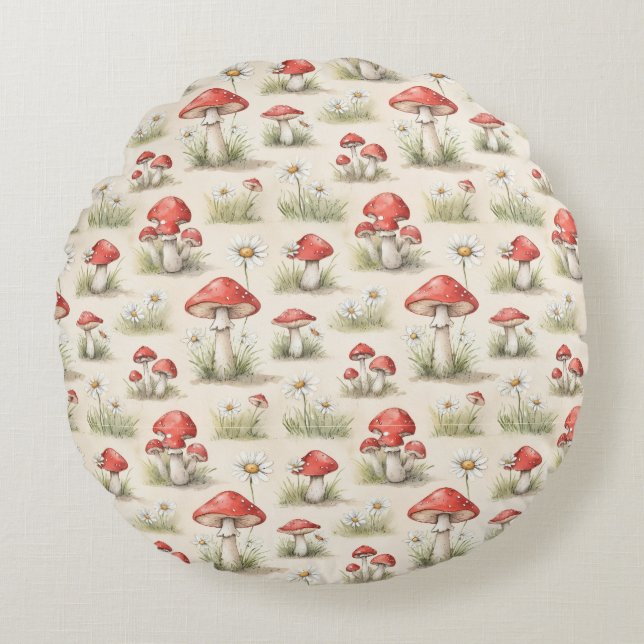 Coussins Ronds Motif aquarelle de champignon rouge fantaisiste et (Devant)
