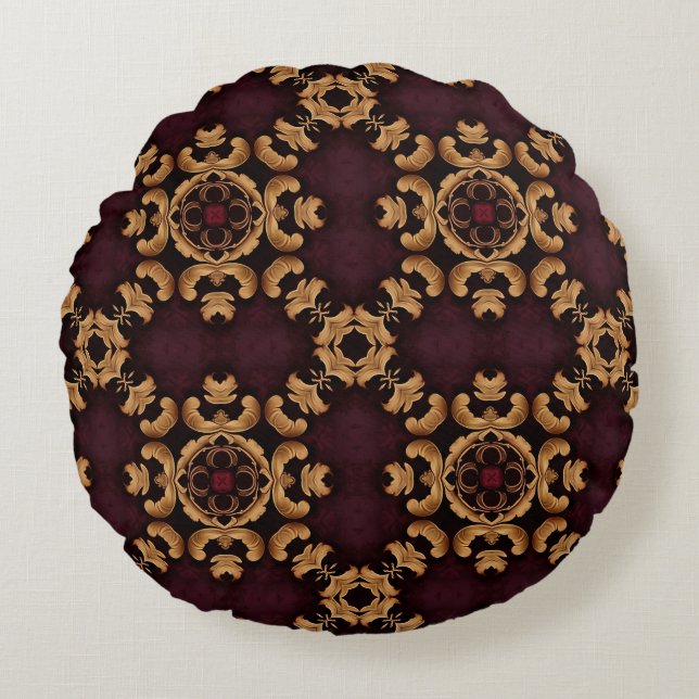 Coussins Ronds Motif arabesque doré rouge profond élégant (Devant)