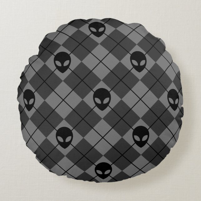 Coussins Ronds Motif Argyle Alien Noir et Gris (Devant)