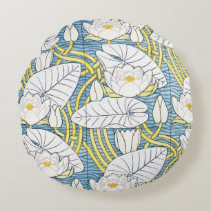 Coussins Ronds Motif Art Nouveau de nénuphar vert sauge