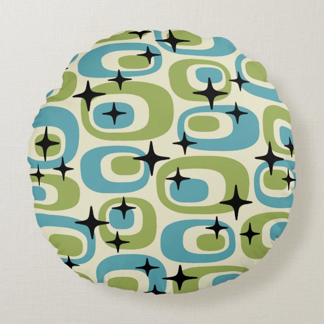 Coussins Ronds Motif atomique moderne du milieu du siècle (Devant)