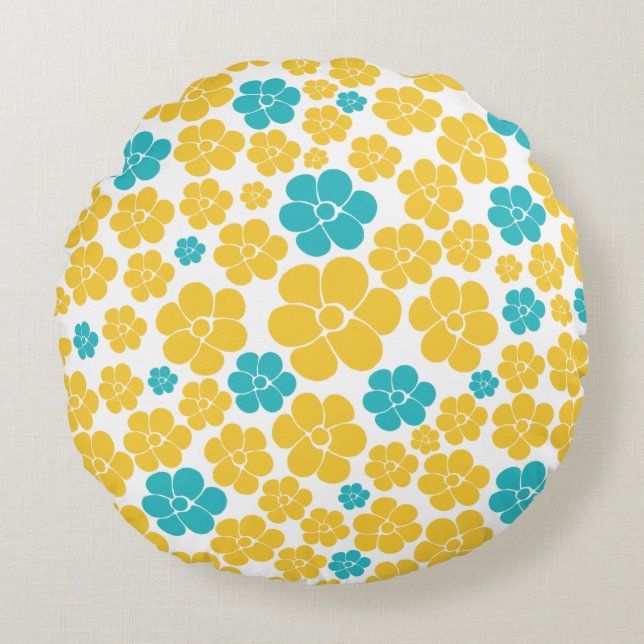 Coussins Ronds Motif aux fleurs - Turquoise et Jaune (Devant)