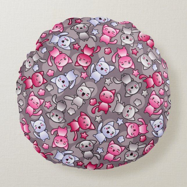 Coussins Ronds motif avec les chats mignons de griffonnage de (Devant)