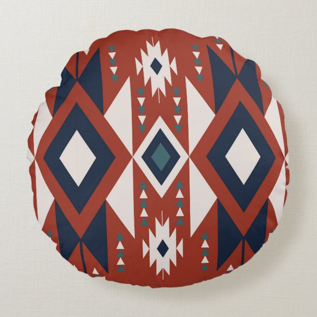Coussins Ronds Motif Aztec cuivre et bleu (Devant)