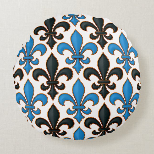 Coussins Ronds Motif baroque fleur de lis noir bleu Design  (Devant)