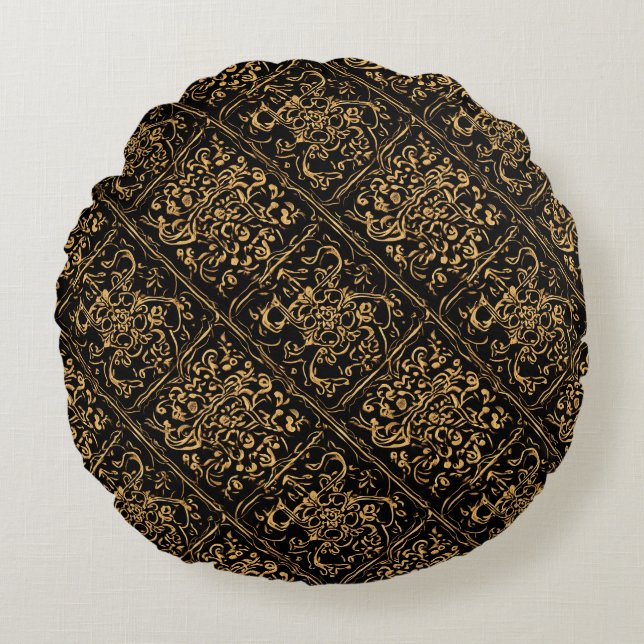 Coussins Ronds Motif baroque ornemental doré sur fond noir (Devant)