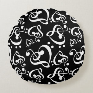 Coussins Ronds Motif blanc noir de notes de musique de coeur de
