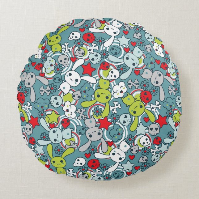 Coussins Ronds motif bleu kawaii (Devant)
