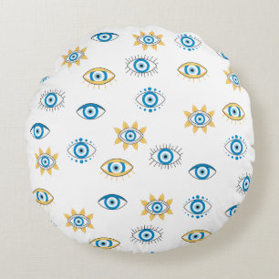 Coussins Ronds Motif bleu, or et blanc de l'oeil grec Mati