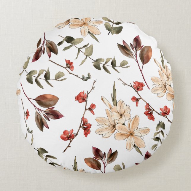 Coussins Ronds Motif botanique sans couture avec fond blanc (Devant)