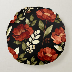 Coussins Ronds Motif Braise de Récolte Rouge Rouille et Floral
