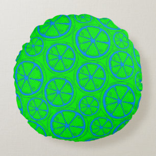 Coussins Ronds Motif citron vert bleu avec fond vert néon