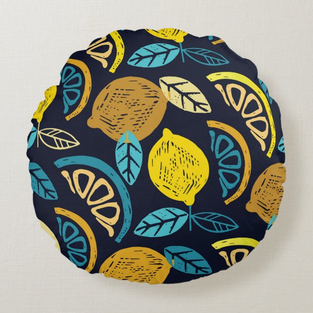 Coussins Ronds Motif Citrus Lemon Doodle Arrière - plan (Devant)