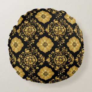 Coussins Ronds Motif damassé floral or luxe sur fond noir