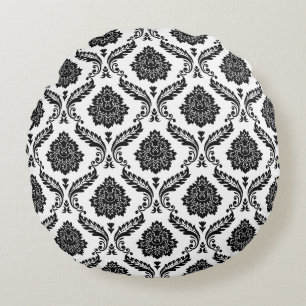 Coussins Ronds Motif Damassé Rococo Noir sur Blanc