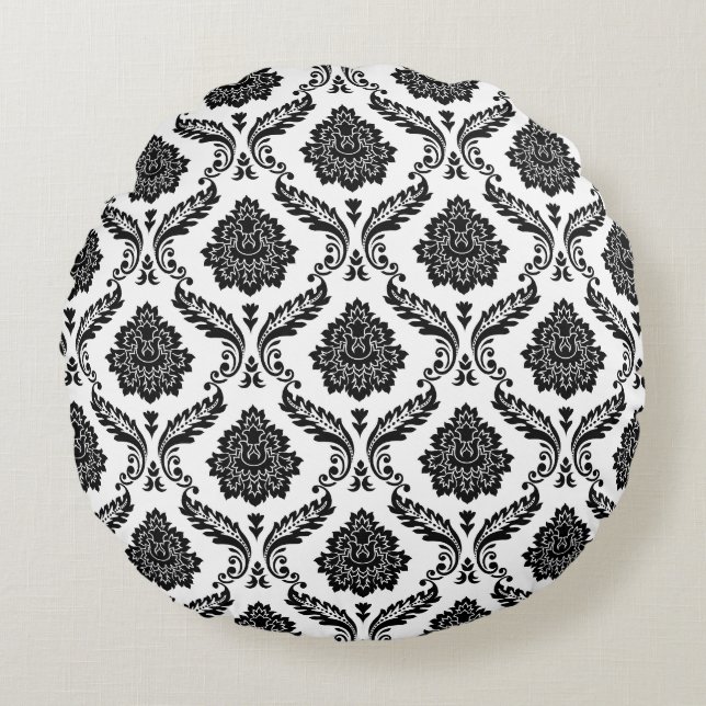 Coussins Ronds Motif Damassé Rococo Noir sur Blanc (Devant)