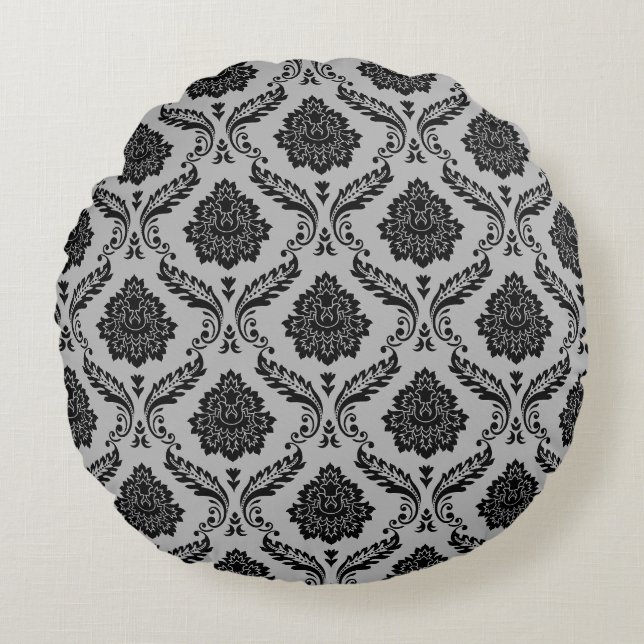 Coussins Ronds Motif Damassé Rococo Noir sur Gris (Devant)