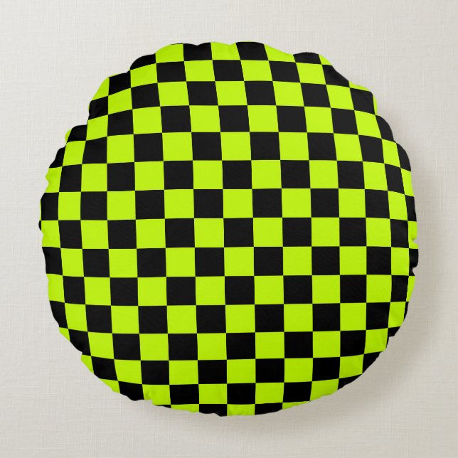 Coussins Ronds Motif damier vert acide et noir (Devant)
