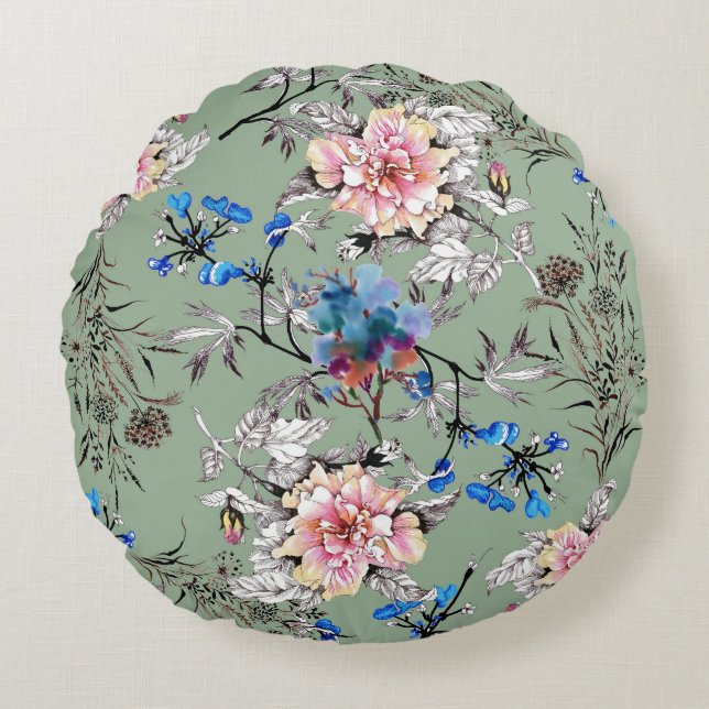 Coussins Ronds Motif d'aquarelle Arrière - plan vert. (Devant)