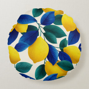 Coussins Ronds Motif d'aquarelle citron et bleu Feuille
