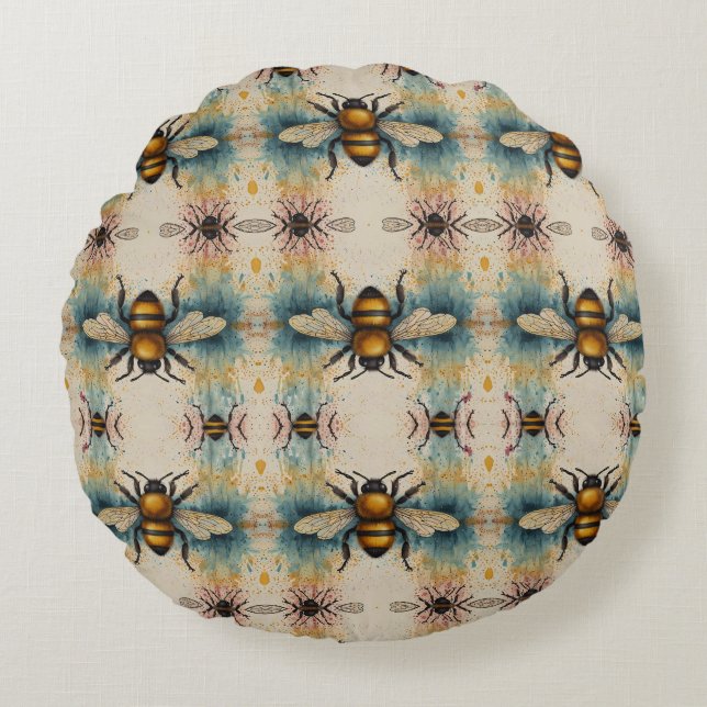 Coussins Ronds Motif d'aquarelle d'abeille dynamique (Devant)