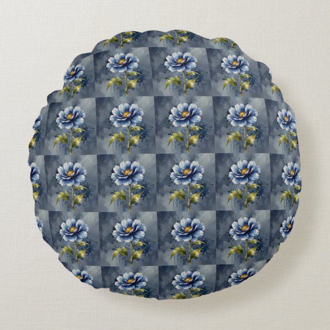 Coussins Ronds Motif d'aquarelle de fleurs bleues (Devant)
