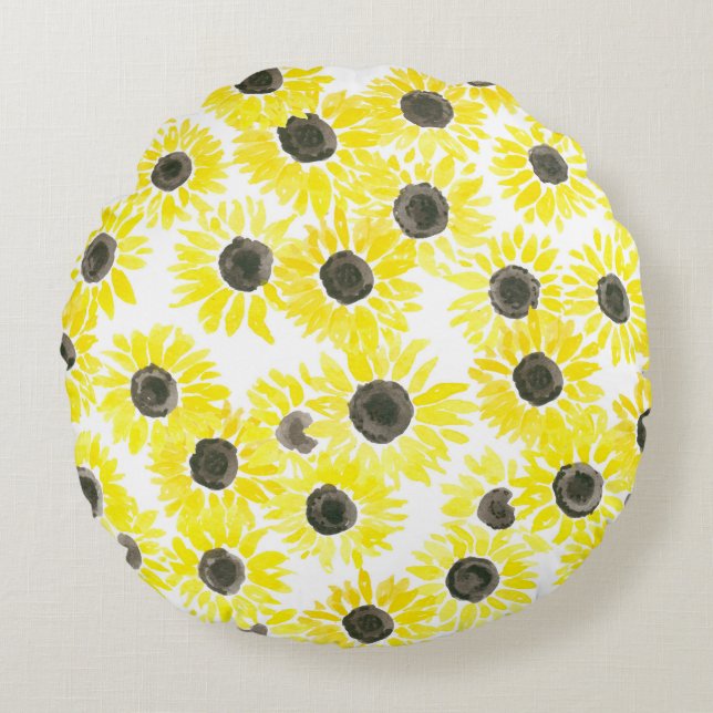 Coussins Ronds Motif d'aquarelle des tournesols (Devant)