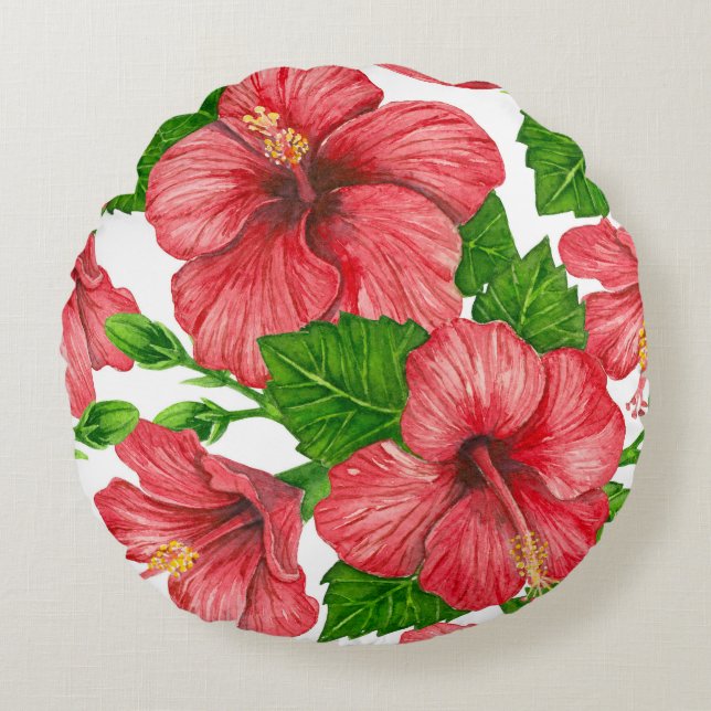 Coussins Ronds Motif d'aquarelle d'hibiscus rouge (Devant)