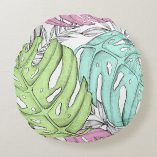 Coussins Ronds Motif d'aquarelle en feuille de monstère pastel tr