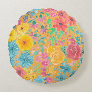 Coussins Ronds Motif d'aquarelle florale en jaune