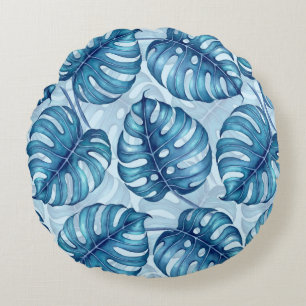Coussins Ronds Motif d'aquarelle Monstera bleu