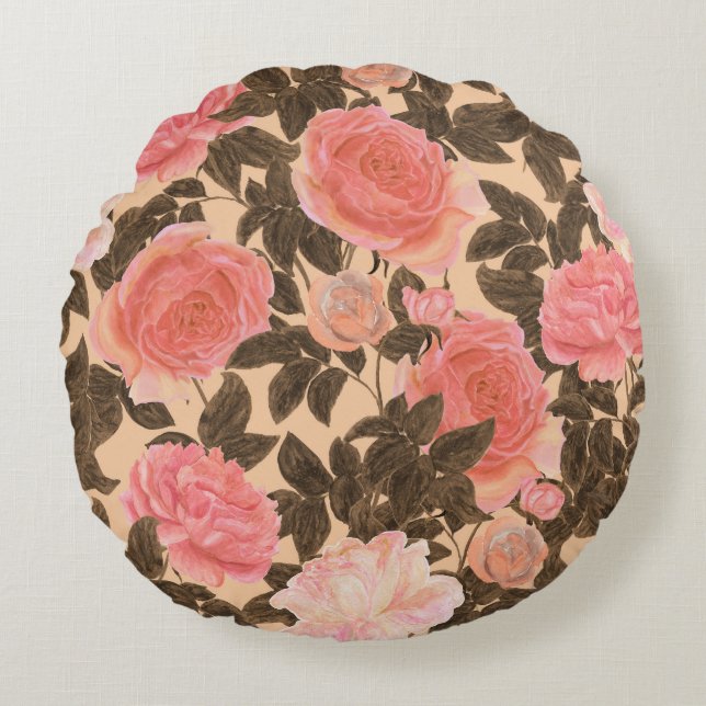 Coussins Ronds motif d'aquarelle rose pêche vintage. (Devant)