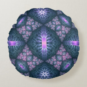 Coussins Ronds Motif d'art fractal 3D turquoise violet rose