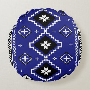 Coussins Ronds Motif d'art populaire géométrique occidental bleu