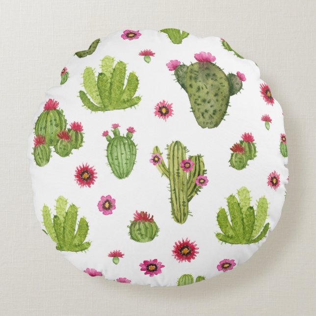 Coussins Ronds Motif de cactus vert peint à la main (Devant)